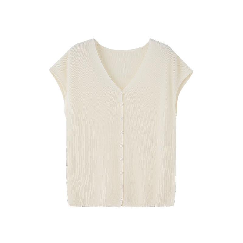 Summer Light Oxygen Series Tencel Acetic Acid Sleeveless Neck Knitted Cardigan Women's Skin-friendly and Breathable Short Sleeve Thin Inside
