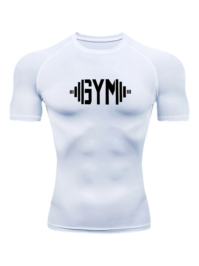 Men's White Compression T-Shirt with Black GYM Dumbbell Print Elastic Quick Drying Breathable Moisture Wicking Gym Workout & WeightliftingTraining Top