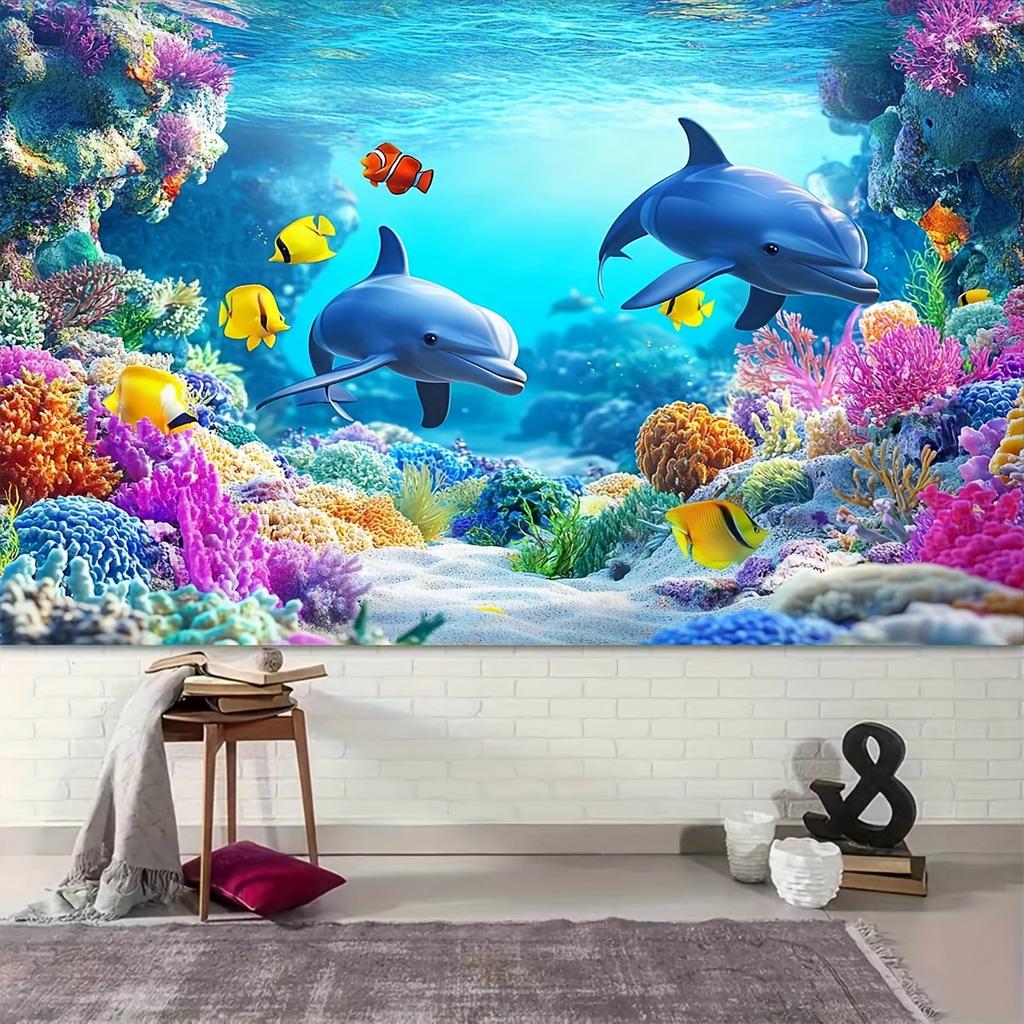 1Pcs background banner, dolphin coral underwater world pattern, indoor and outdoor ocean themed party decoration