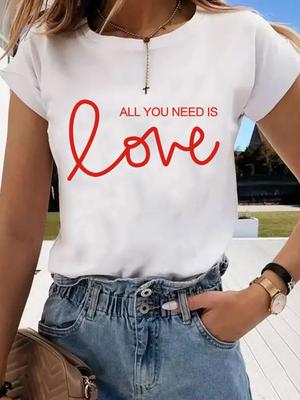 (Asian Size) Graphic Tee Love Letter Style Trend 90s T Clothing Casual Fashion Print Female Casual  Women's Top Lady Short Sleeve T-shirt
