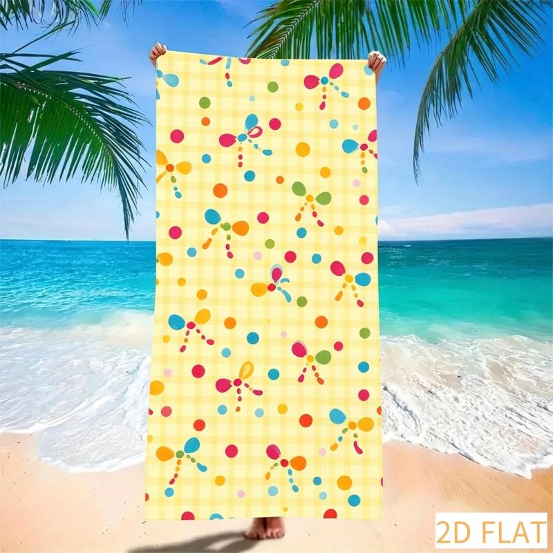 Absorbent Quick Dry Microfiber Beach Towel - Yellow Plaid with Blue Bows, Lightweight Sand Free Blanket for Picnic Travel Pool