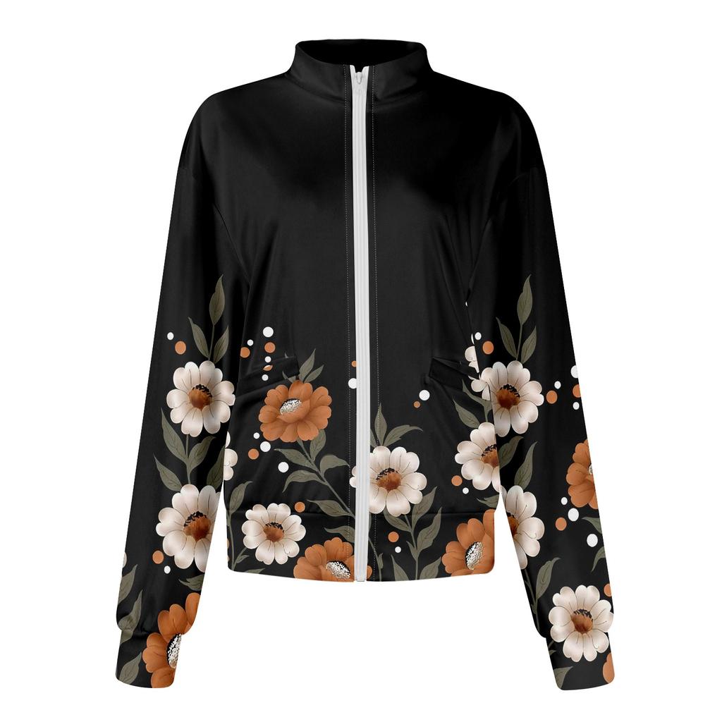 Women Long Sleeve Pattern Pocket Working Stand-up Collar Single-breasted Protective Overalls Cardigan Jacket Top