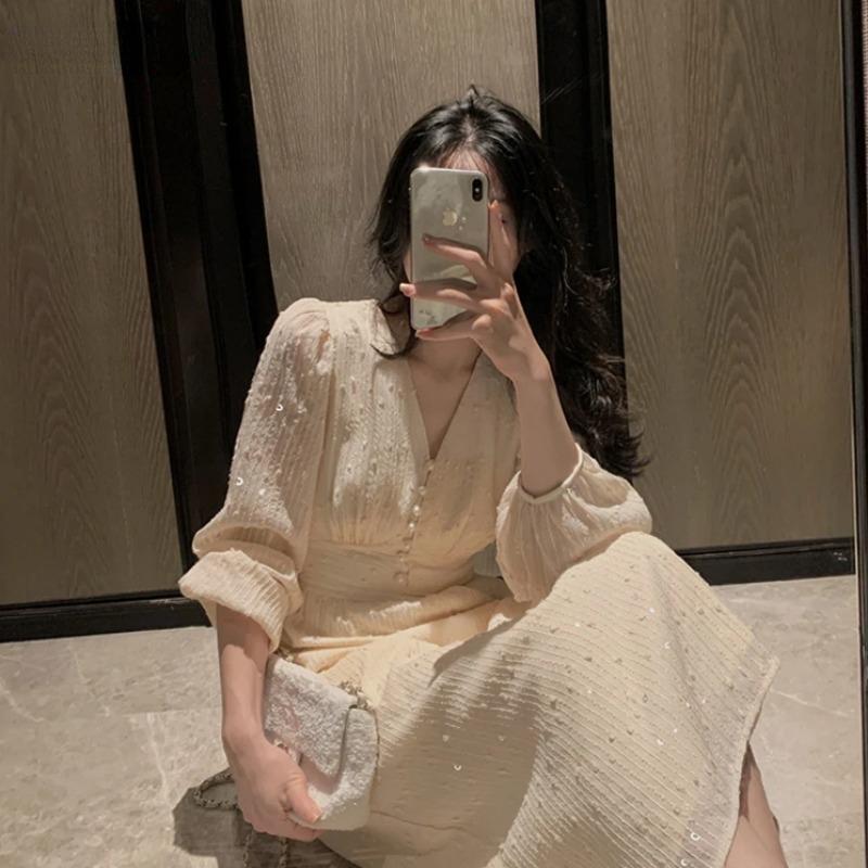 Vintage French Puff Sleeve Midi Dresses for Women Party Korean Sequins Dress Elegant Fairy Wedding Female Clothes Autumn 2024
