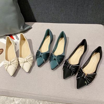 Single Shoes Women's 2025 Spring and Autumn Korean Version Shallow Mouth Bow Lady Shoes Soft Sole Pointed Flat Sole Soft Sole Comfortable