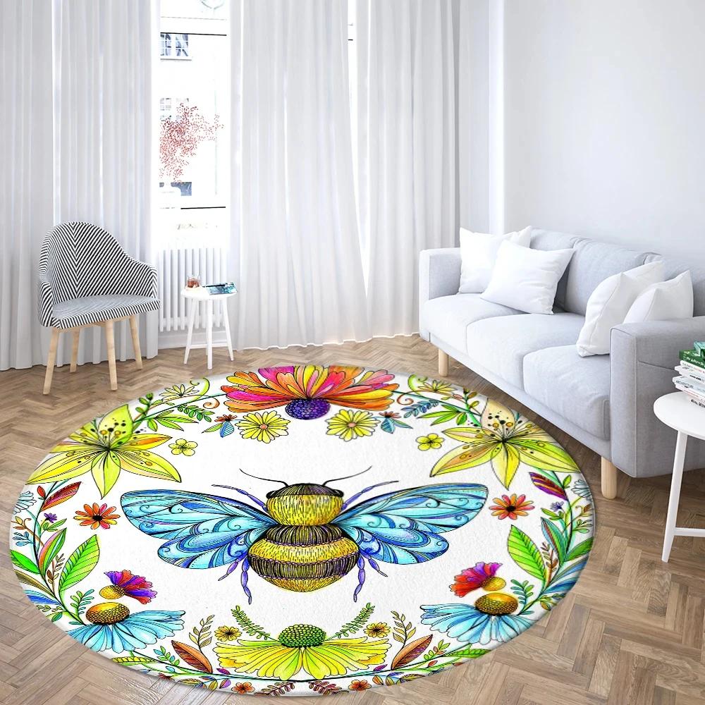 Boho Mushroom Butterfly Round Rug Cartoon Mushrooms Carpet for Living Room Office Bathroom Decor Kawaii Fungus Indoor Floor Mat