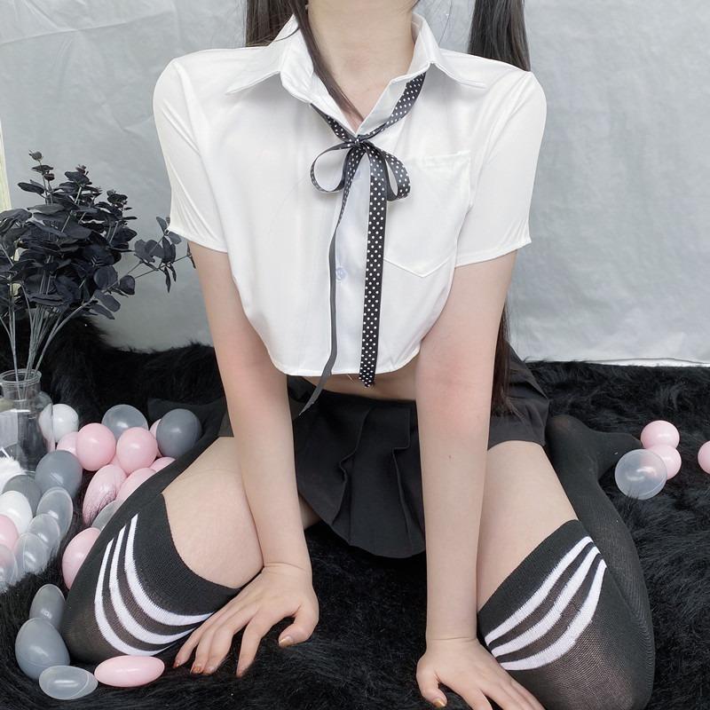 Sex Underwear Perspective College White Shirt Collar Rope Bow Uniform Temptation Plaid Pleated Skirt