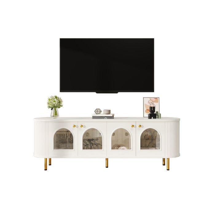 Armoire TV lowboard - Blanc et doré - Portes vitrées - Bords arrondis - Détails dorés luxueux