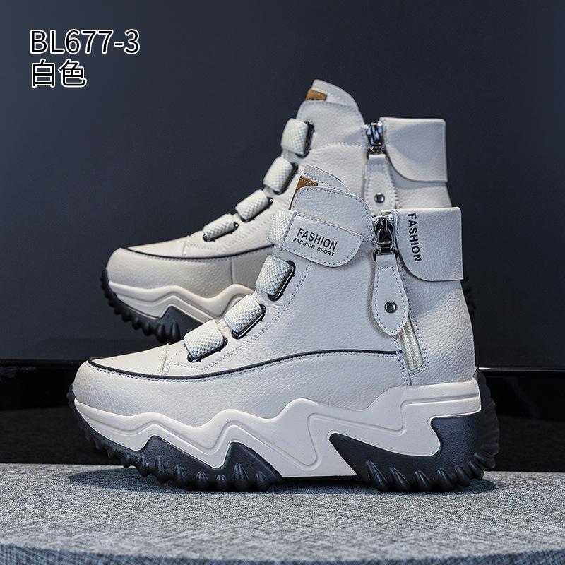 Leather high-top dad shoes autumn new thick-soled Velcro breathable double zipper casual shoes