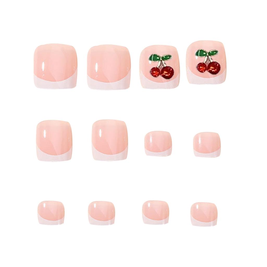 French Edge Rhinestone Red Cherry Fake Toe Nails 24 Pieces Per Box
