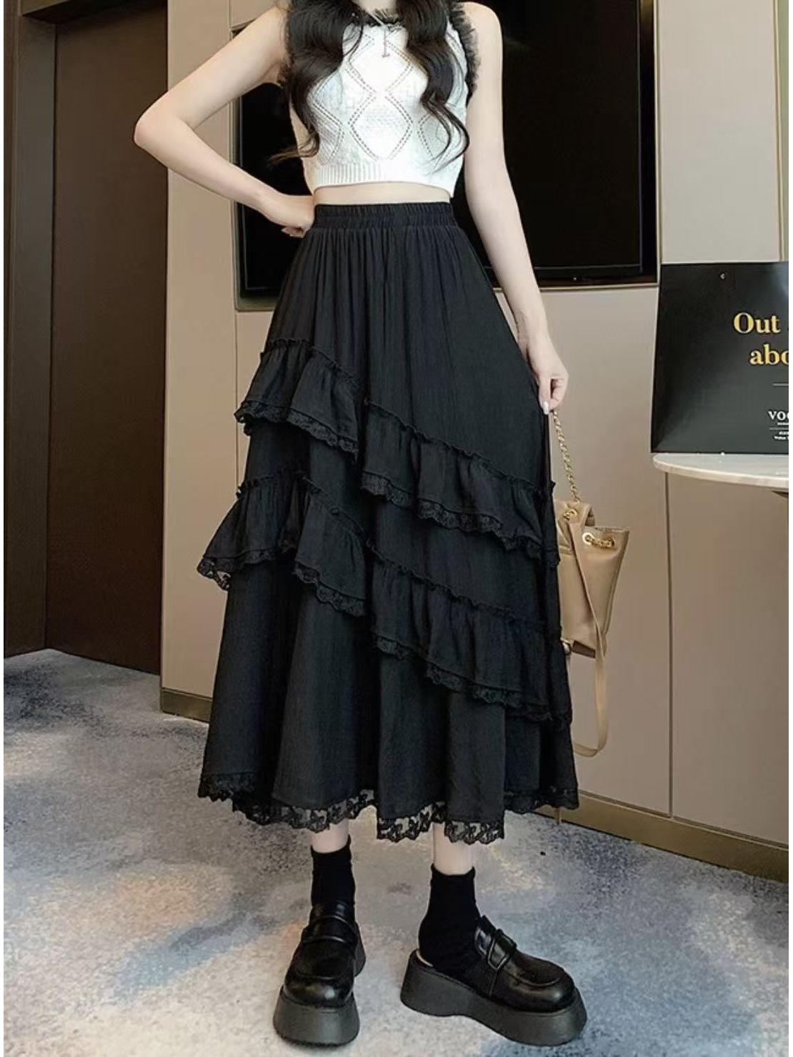 Lace Patchwork Ruffle Midi Skirt - Women s Spring A-line Cake Skirt, European Style Trendy Fashion One Size чёрный