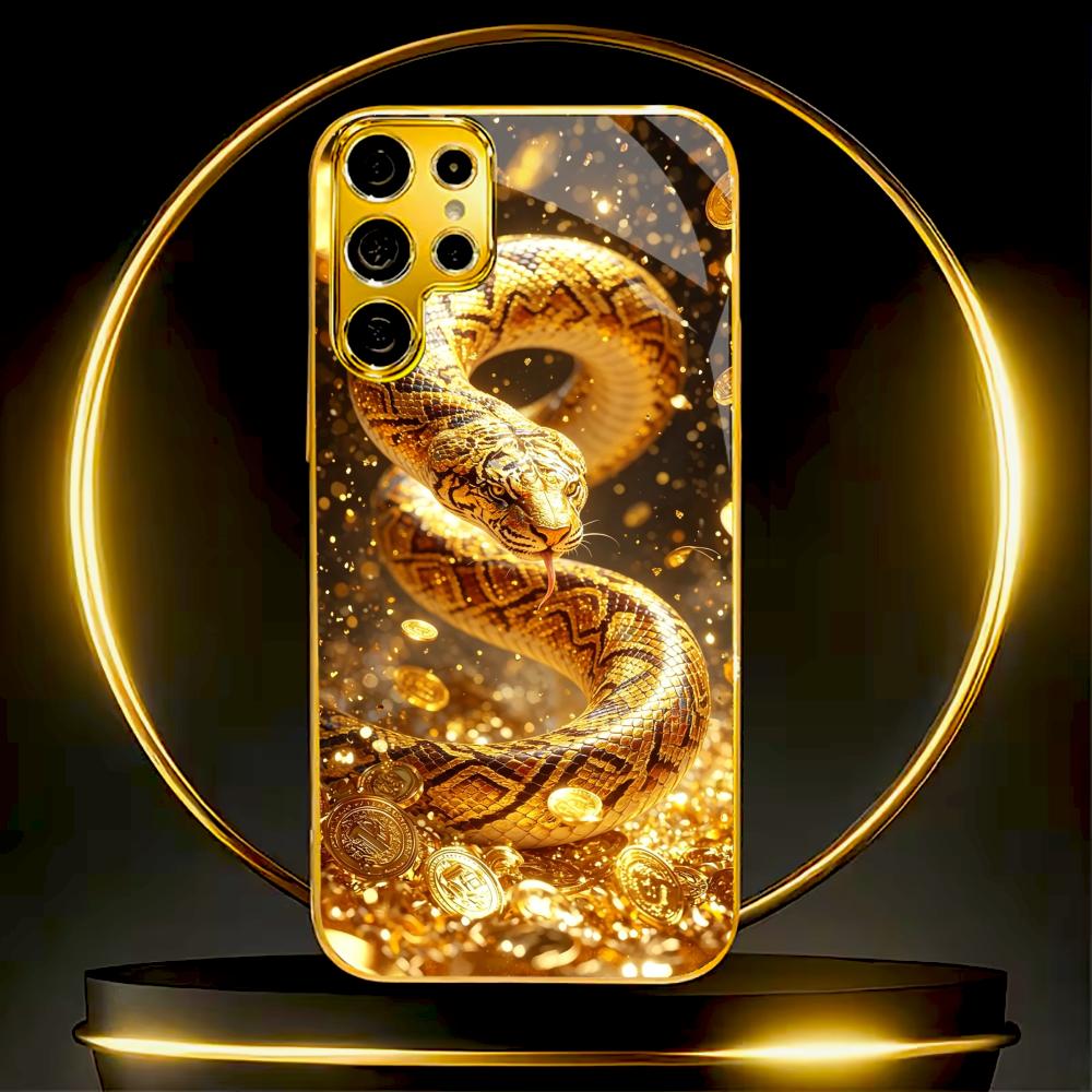 Golden Snake & Fortune Coins phone case glass s26 ultra case mobile phones for Samsung Galaxy S26 S25 S24 S23 S22 FE Ultra Plus