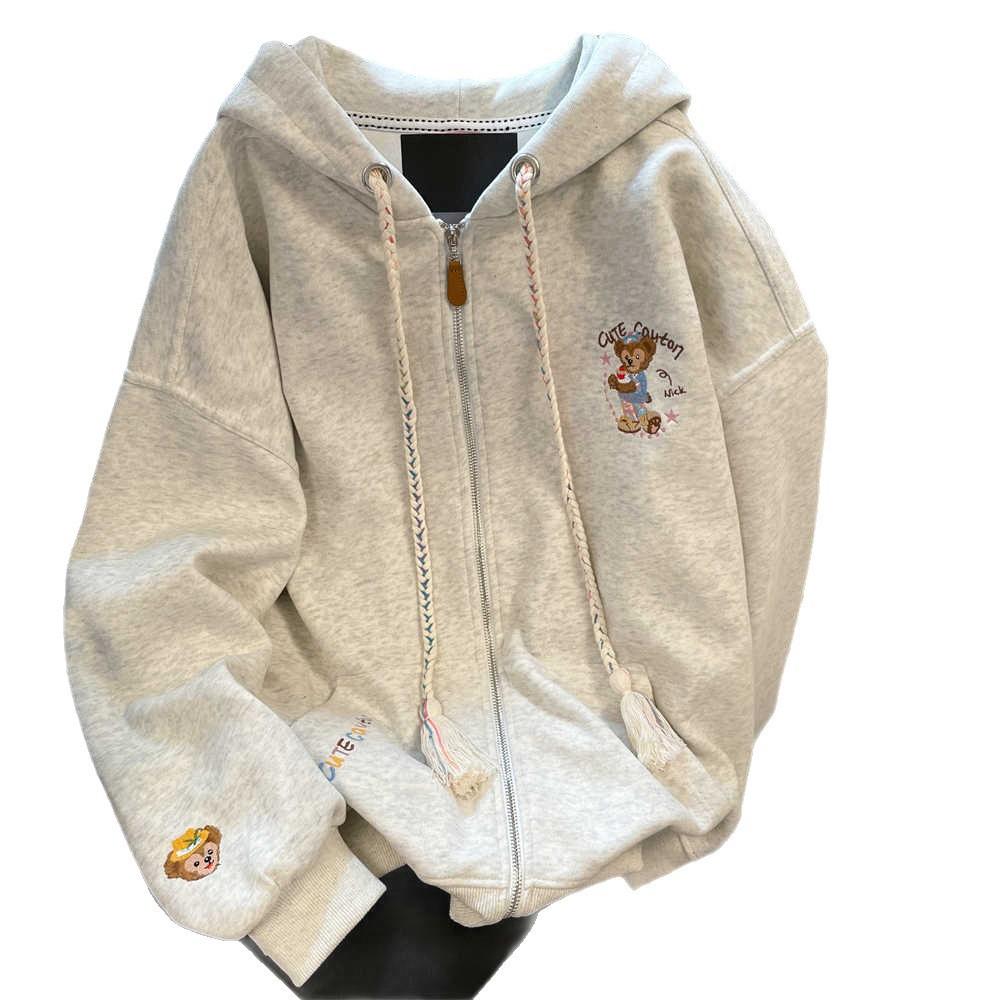 American lazy chic bear embroidered hooded sweater men and women spring and autumn retro oversize zipper jacket