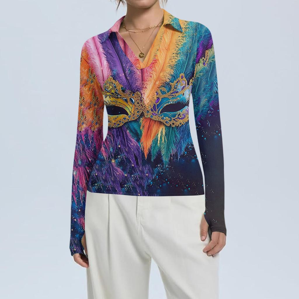 Women's Fashion Casual Print V-Neck Long Sleeve Button-Down Top
