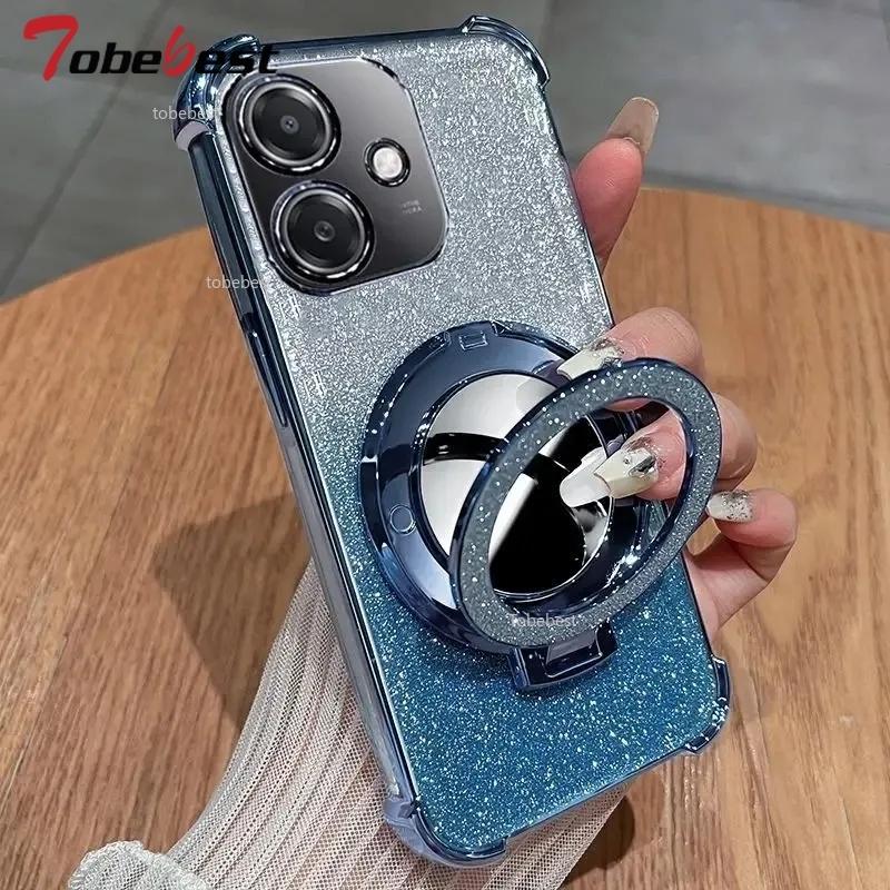 Glitter Shockproof Silicone Case For Huawei Honor 400 Lite Mirror Makeup Magnetic Holder Stand Soft Cover