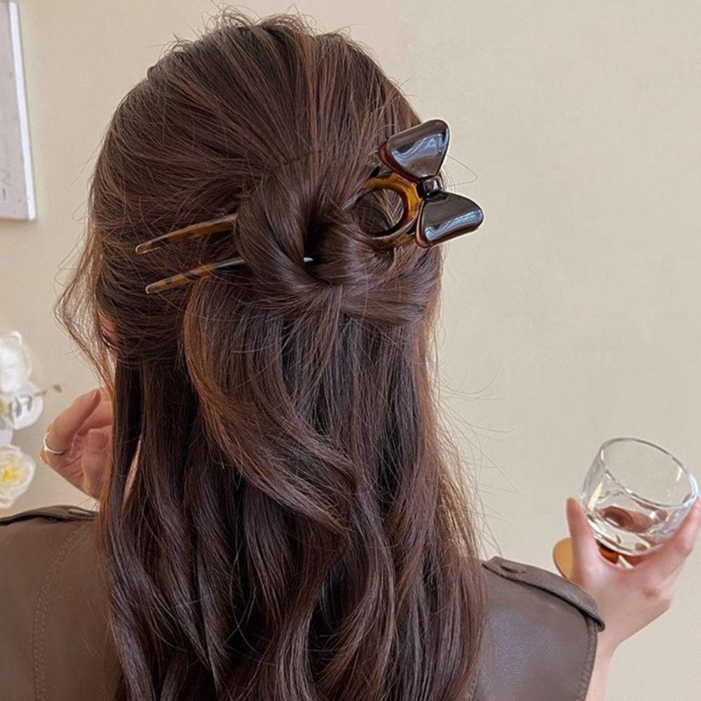 

Korean Style Bow Hair Stick Acrylic Pan Hair Fork Trendy U-shaped Hairpin Daily кофейный