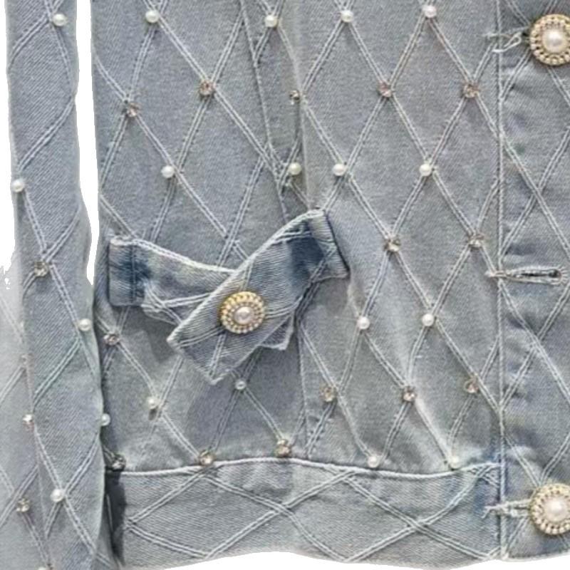 2025 Spring/Fall Beaded Slim Denim Jacket with Diamond Quilting