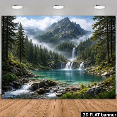 2D Scenic Forest Banner, Mountain Waterfalls and Lake Backdrop for Party Decor