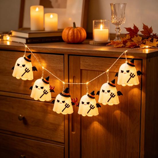 Creative Halloween Decorative Layout Ghost String Lights, Fabric Witch Hat Devil LED Hanging Lightweight Easy Hang Holiday Ornament Decor for