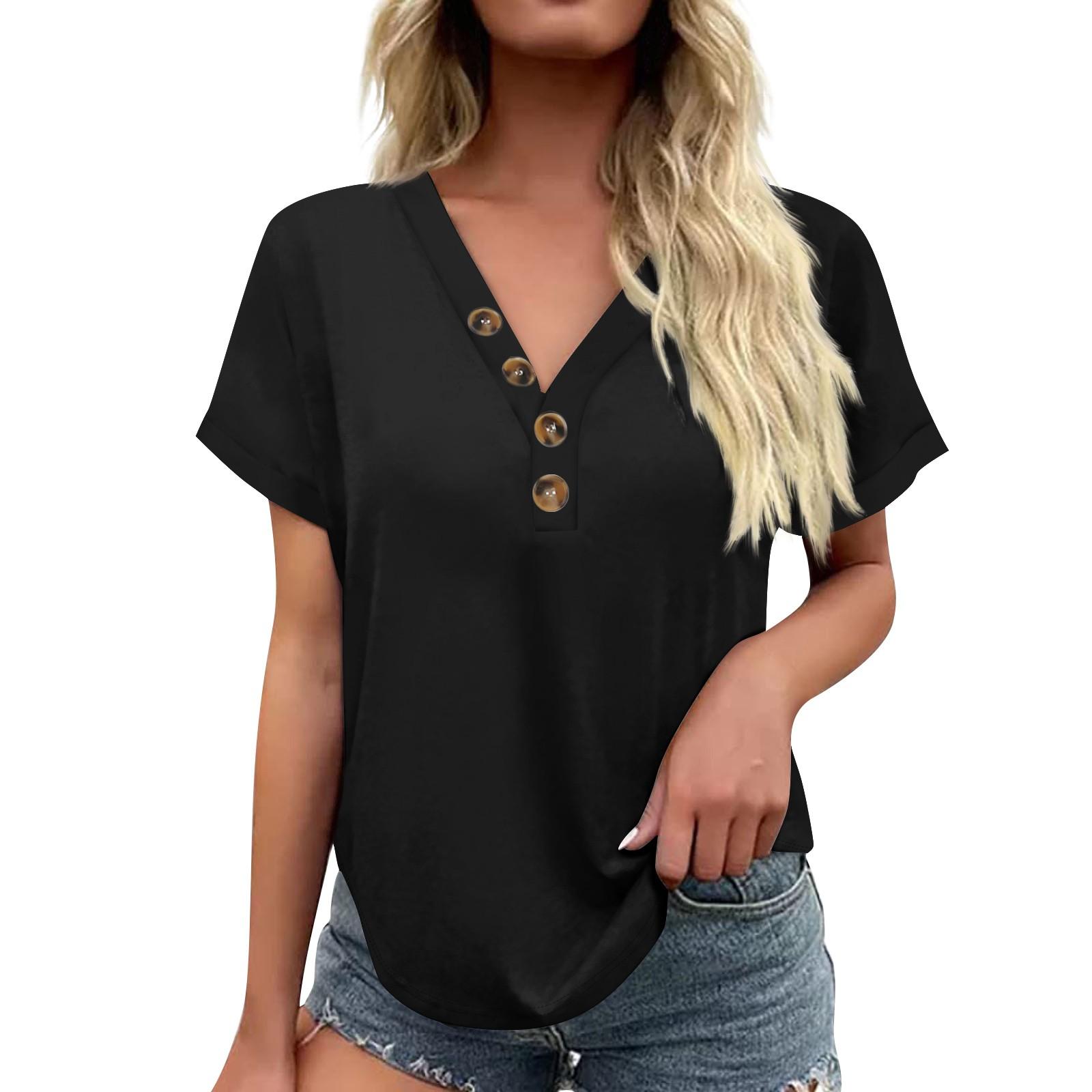 Women s Fashionable Casual Short Sleeved Color V-neck Button Top L чёрный