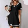 Summer New Women's Dress, European American Style Loose V-Neck Color Block Striped Short Sleeve Casual Dress for Crossborder