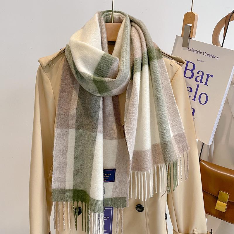 Checkered Pure Wool Scarf For Women'S Winter Versatile Birthday Gift Versatile Thickened Warm Cashmere Scarf