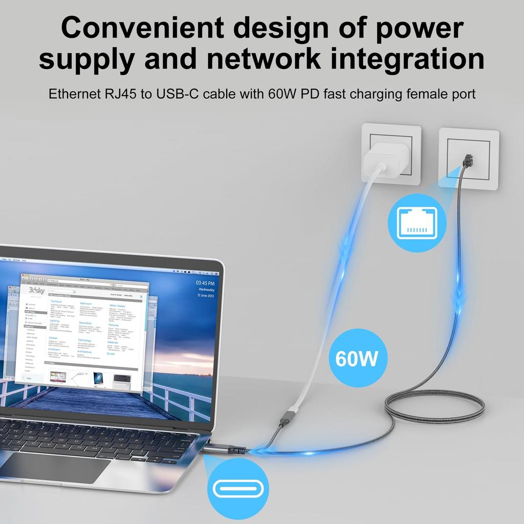 Dutovolns 3m Ethernet Cable with Female to RJ45 60W PD Fast Charging Gigabit LAN Nylon Direct Compatible with MacBook Internet Connection and Charging