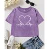 Simple Love Heart Electrocardiogram Print Washed Crop T-Shirts Women Retro Fitness Tops Cotton Short Sleeve T Shirt