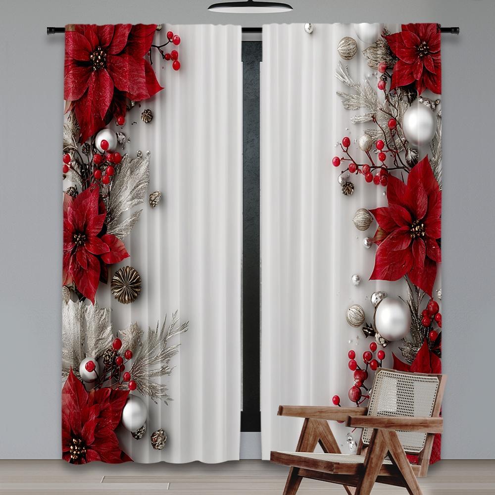 Flat Printing Curtain Christmas Poinsettia Elegance Digital Printed Polyester Drapes Festive Wall Decor Use Art Set Of 2 Made Washable