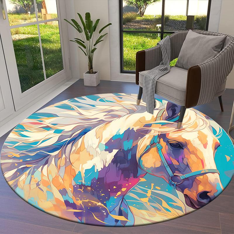 elegant horses Round Area Rug,Carpet Rug for Living Room Bedroom Sofa Playroom Decor,Non-slip Floor Mat