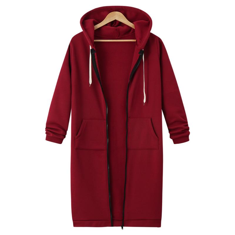 Felpa con cappuccio da donna autunnale e invernale di media lunghezza, taglia forte, tinta unita, casual, calda, cappotto
