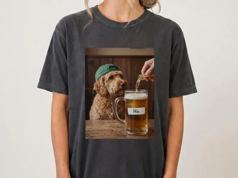 Custom Pet Portrait Drinking Beer Shirt Funny Cat Meme Graphic Tee Dog Dad Gift