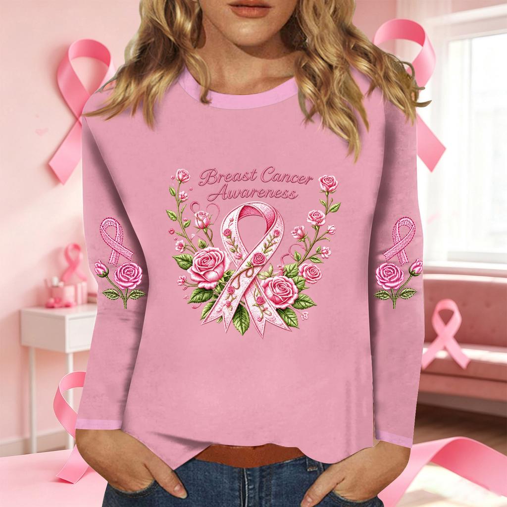 Women's Fashion Long Sleeve Breast Ribbon Print Neck Top