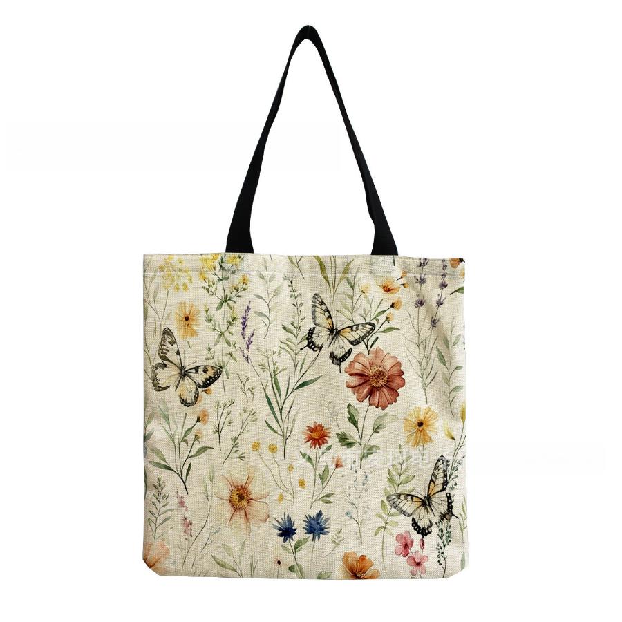 Women Vintage Linen Tote Bag - Large Capacity Butterfly Print Shoulder Handbag for Casual & Grocery Shopping KTB