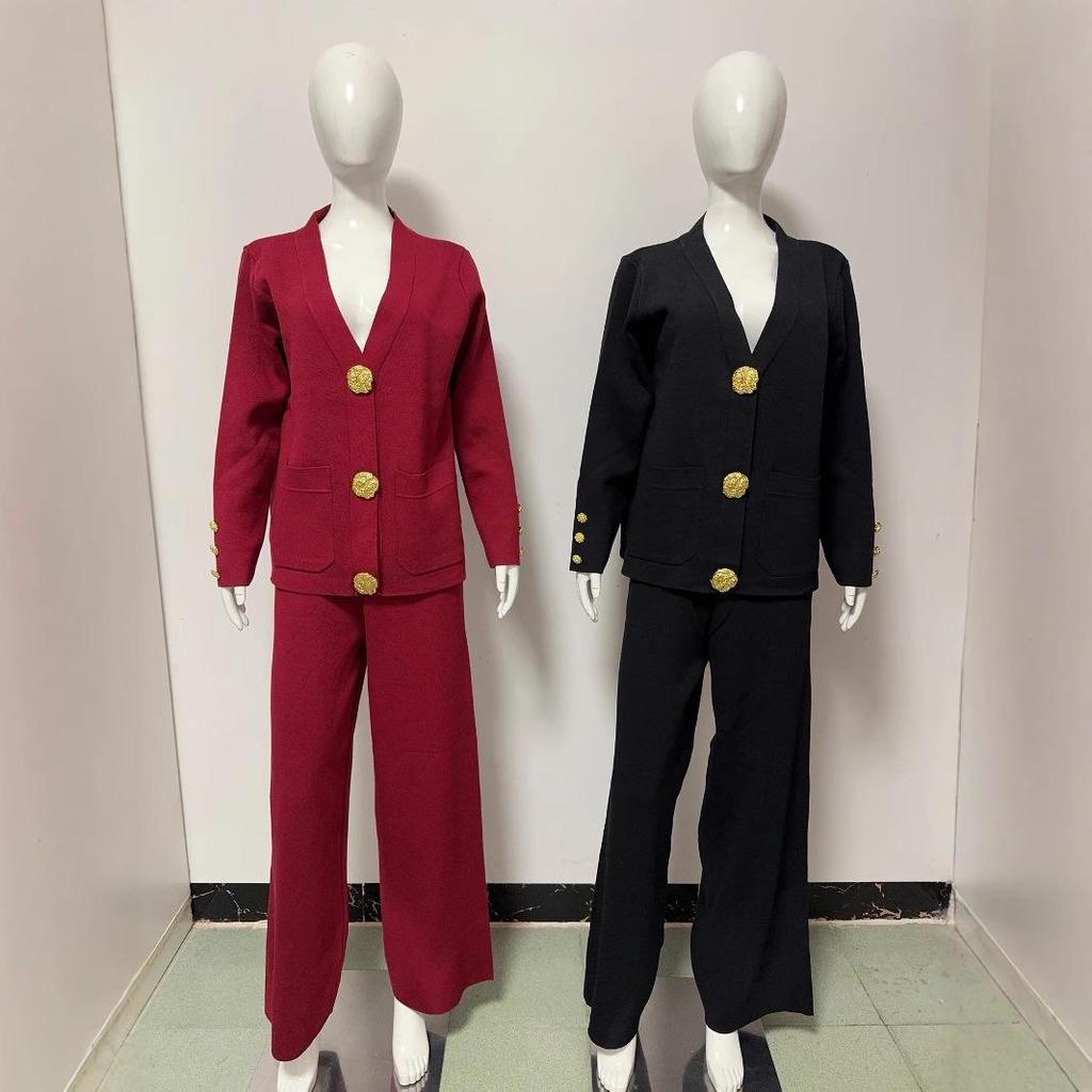 European Style Women's Knit Cardigan & Wide-Leg Pants Two-Piece Set