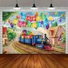 One party banner, a colorful train-themed birthday celebration background decoration, and a polyester banner decoration.