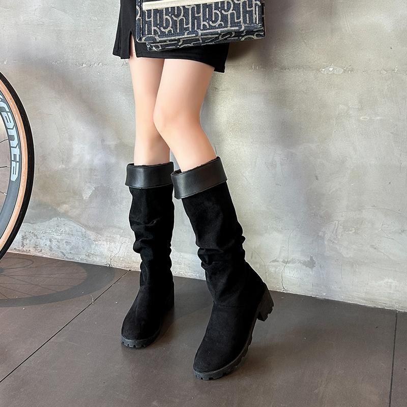 Spitz zulaufende Kniehohe Stiefel für Damen, Winter, neue Mode, Flock-Chelsea-Stiefel, runde Zehenpartie, Party-Westernschuhe für Damen, Zapatos