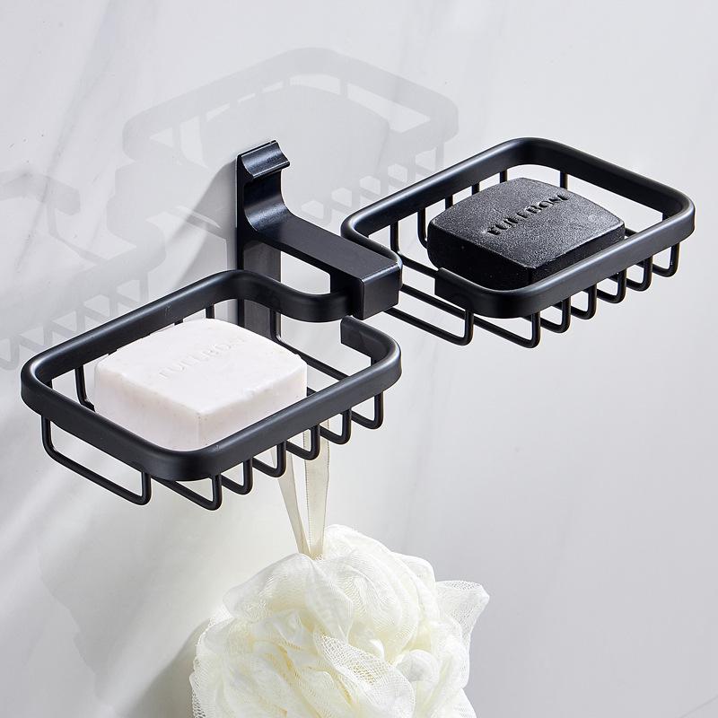 Punch-Free Wall-Mounted Black Aluminum Soap Dish Holder