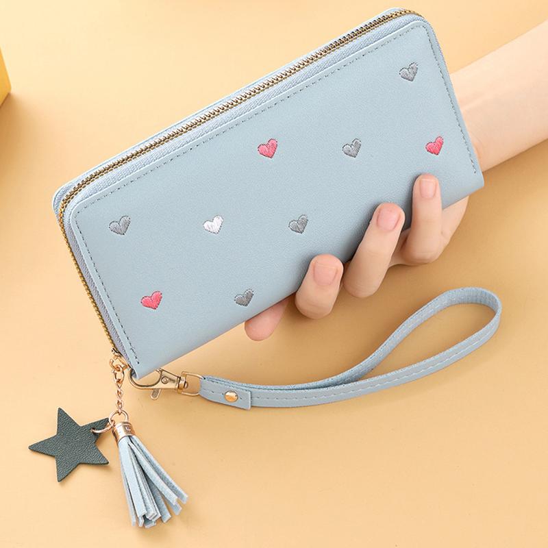 New Long Women Wallet With Heart-Shaped Korean Style Tassel Embroidery Card Holder For Women