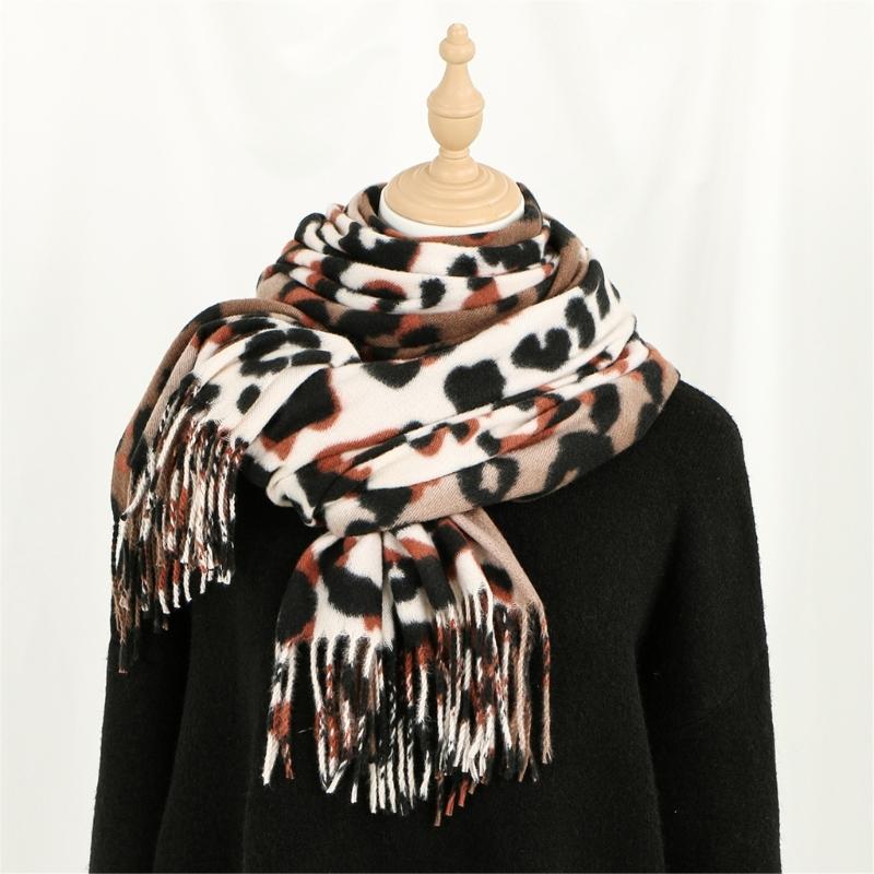 Leopard Print Fringe Cashmere Scarf Shawl For Women Soft Warm Winter Fashion Accessory Lightweight Warm Wrap