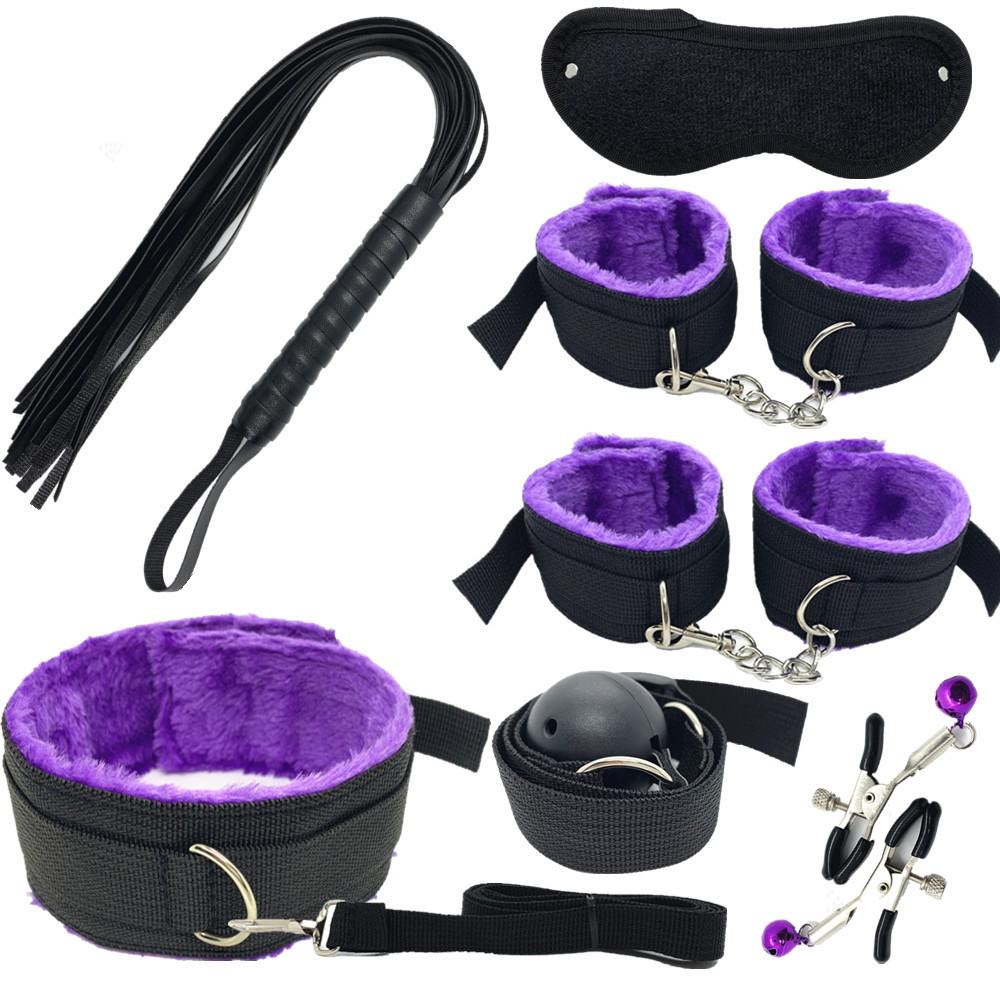 Sexy Nylon BDSM Kit Plush Sex Bondage Set Handcuffs Sex Game Whip Gag Nipple Clip Sex Toy