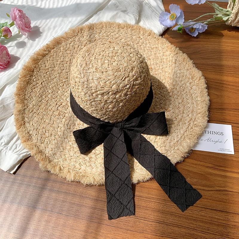 Bow Lafite straw hat women's summer big brim sunshade sunscreen hat seaside beach vacation woven hat