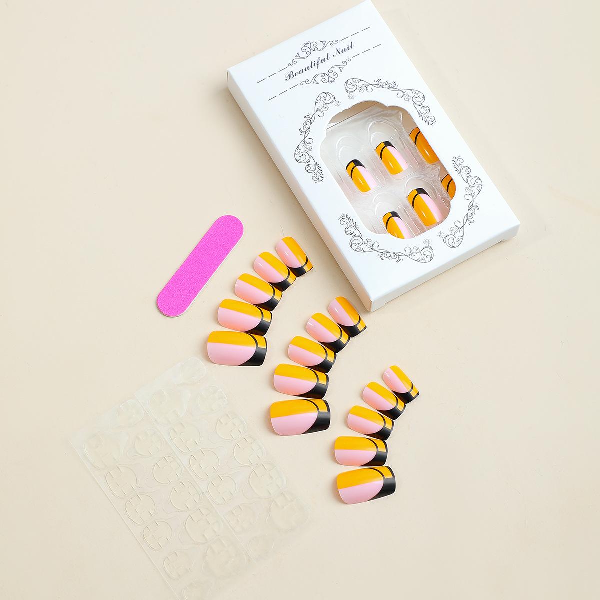 

Yellow-Pink Color Block Medium-Long Wearable False Nails - Removable Ins Style Nail Art