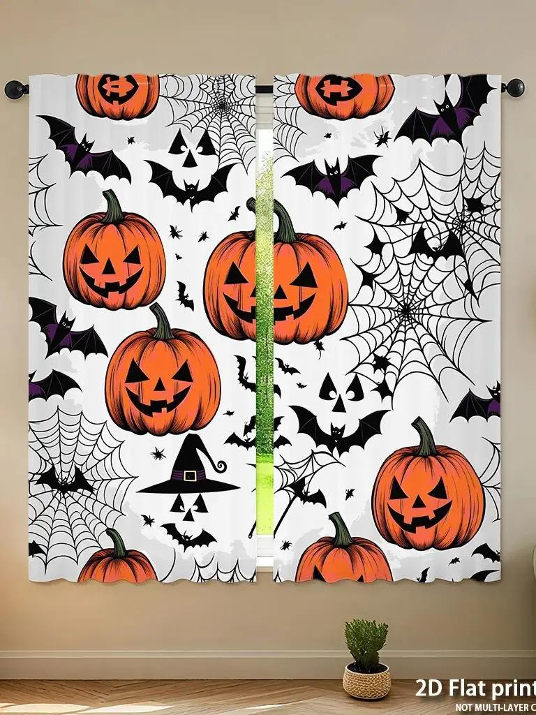 Piece Set High Definition Digital Printed Curtainshalloween Orange Pumpkins Black Bats Spiderwebs Witchhat Patternhome Deco Curtain Made Of Polyester