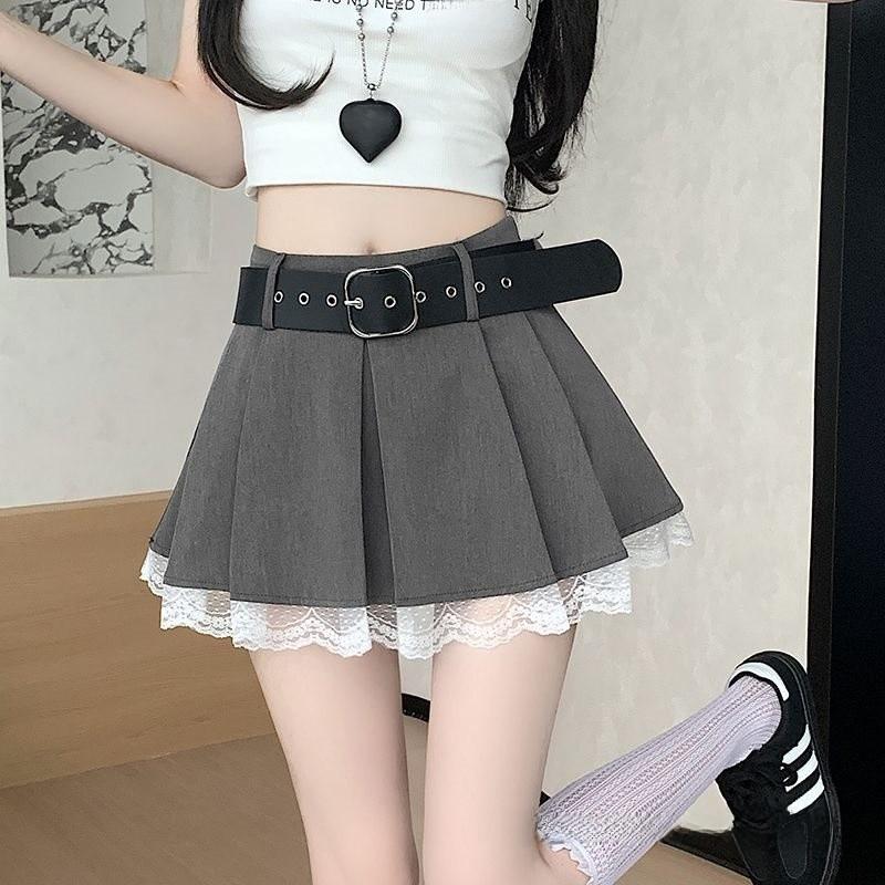 Classic High Waist Pleated Skirt With Lace Patchwork For Summer Fashion
