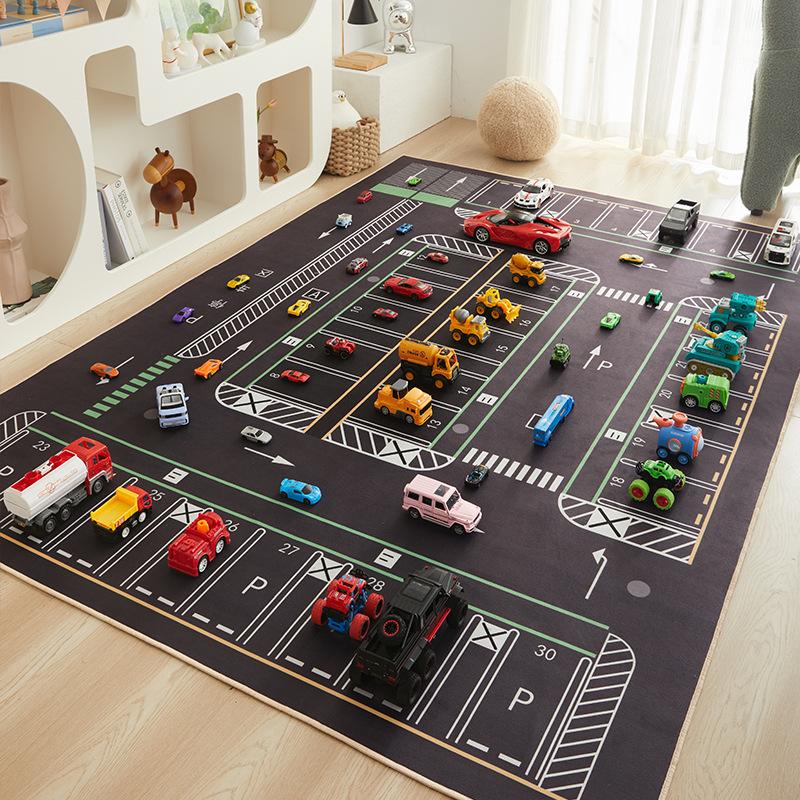 Cartoon Car Traffic Crystal Pile Carpet Children's Room Climbing Mat Home Non-Slip and Dirt Resistant Living Room Mat