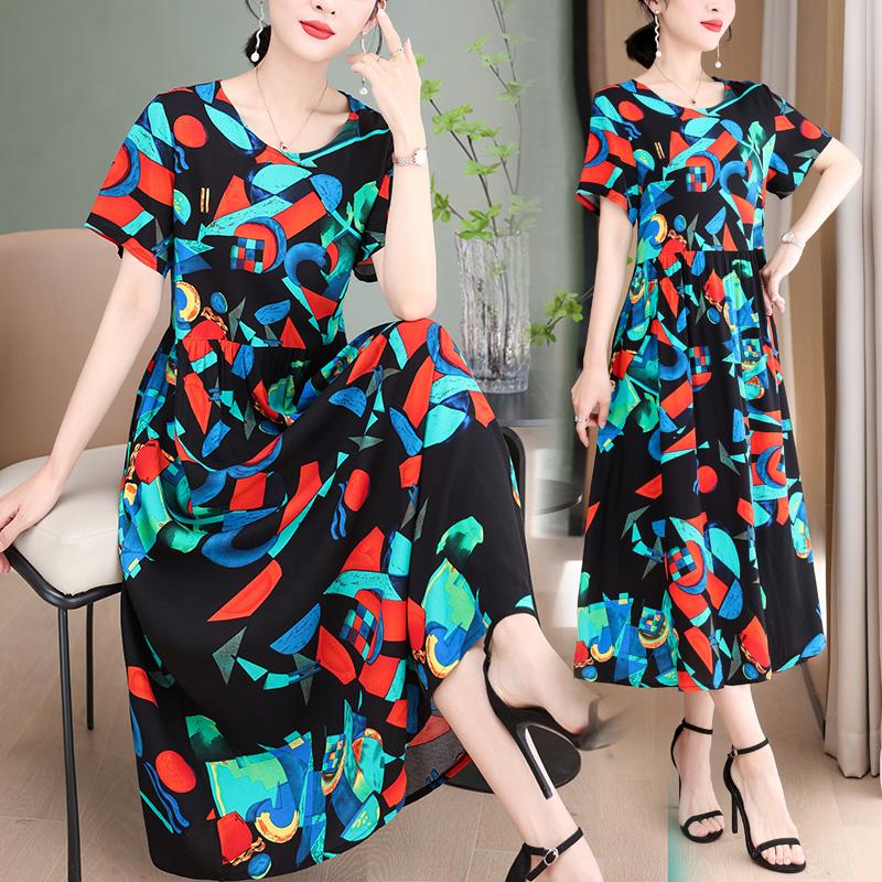 Elegant Long Dresses Women Summer Casual Short Sleeve Vintage Dress Korean Style O-Neck Female Clothing