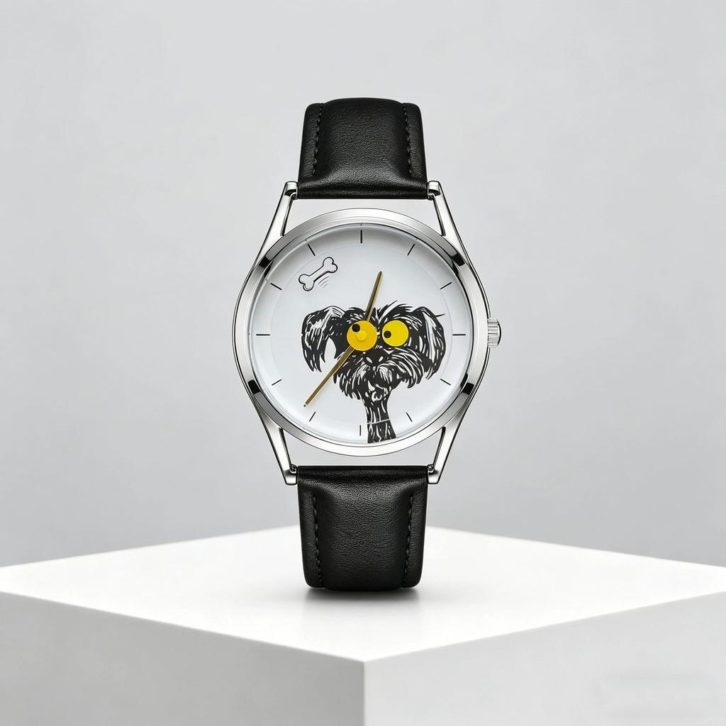 Scribbled Puppy Cartoon Quartz Watch Pointer Display Leather Band for Children Junior High School Students Unisex Student Watch