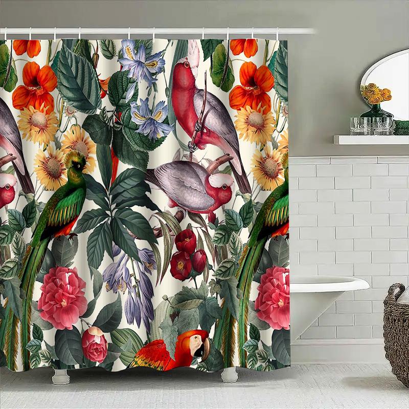 Floral Botanical Birds Shower Curtain Tropical Rainforest Nature Landscape Bathroom Decor Vintage Artistic Pattern Home Decor