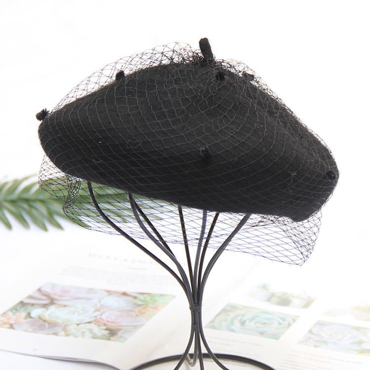 Autumn And Winter Woolen Painter Hat British Retro Lace Mesh Beret Women'S Elegant Fashion Hat