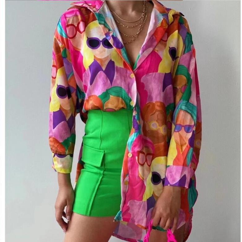 

GMXIA Весна Осень Длинный Рукав Поло Воротник Принтованная Рубашка Средней Длины Для Женщин XXL красный